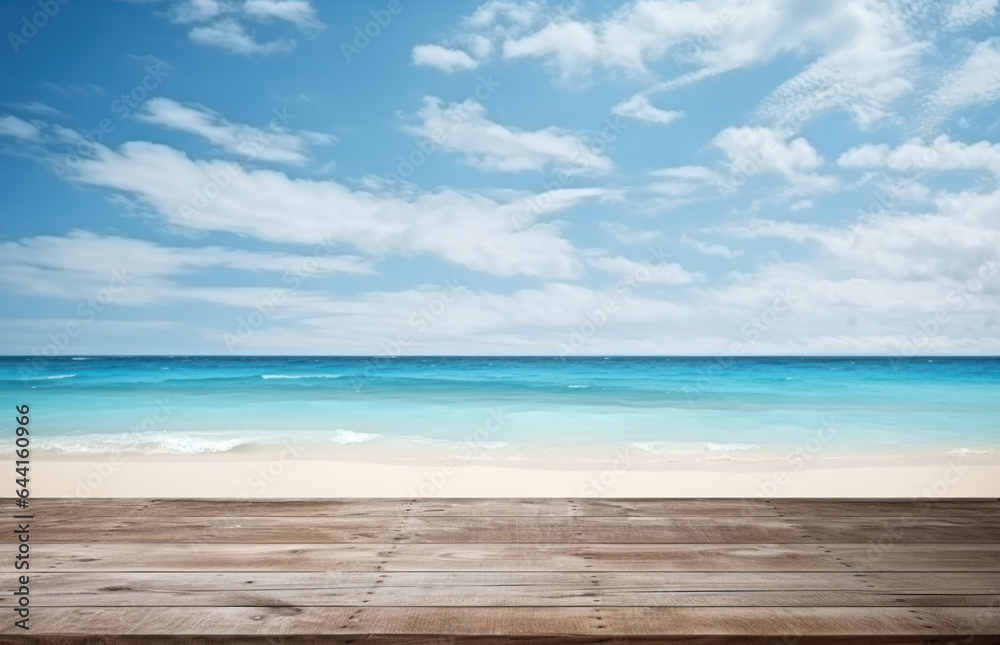 Beautiful scenery of the sea with wooden table on the beach