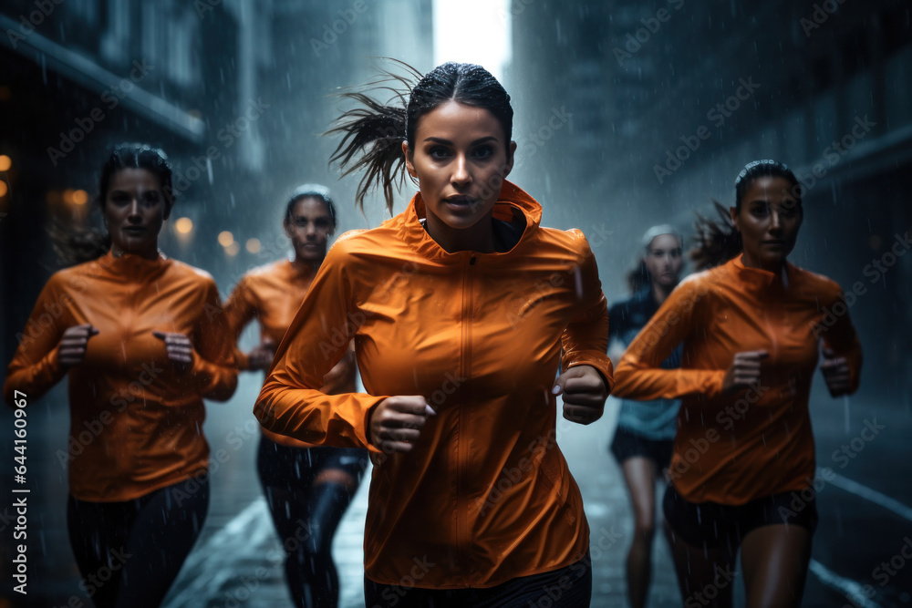 Female athletes taking a quick jog in the rain