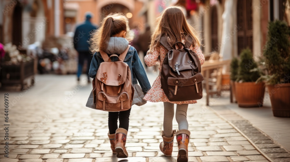 Two young girls are walking with their backpacks