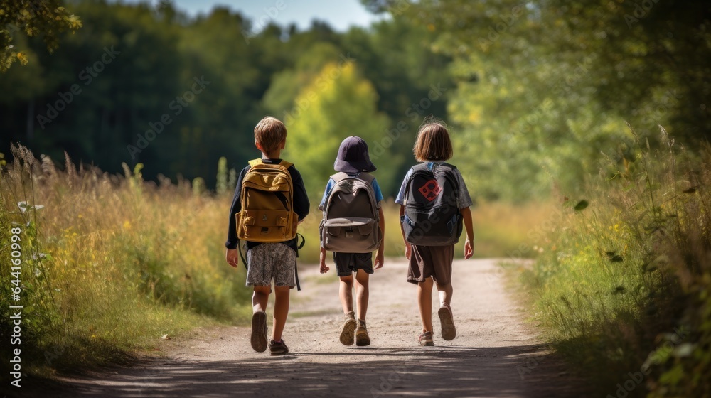 Children walking on a path carrying backpacks