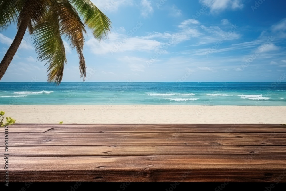 Beautiful scenery of the sea with wooden table on the beach