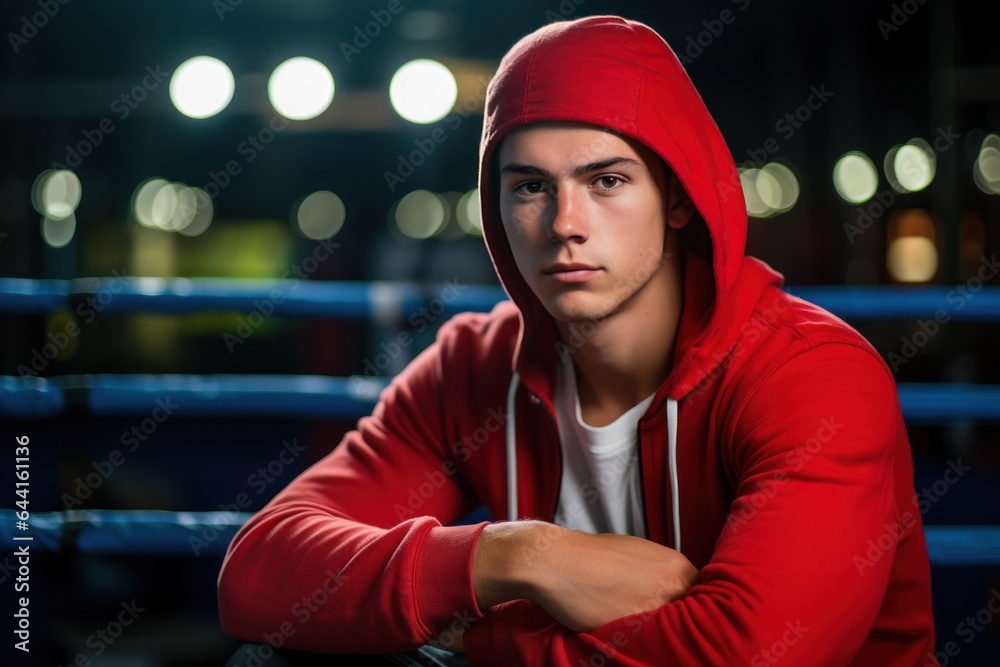 Young man in red baseball cap inside a boxing ring