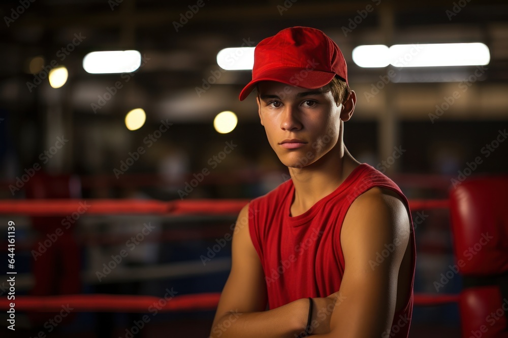 Young man in red baseball cap inside a boxing ring