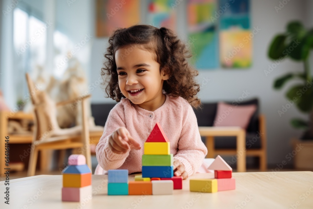 Cute kid in the living room building with blocks in the room