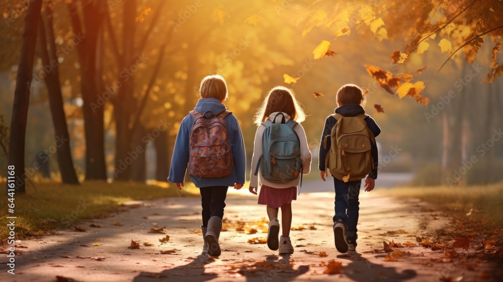 Children walking on a path carrying backpacks