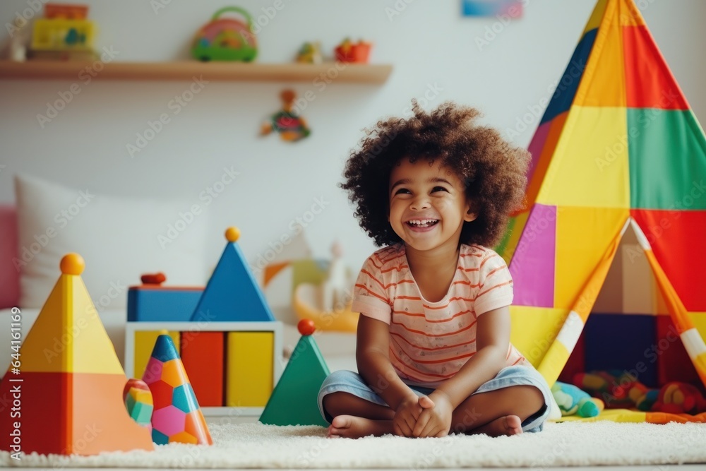 Cute kid in the living room building with blocks in the room