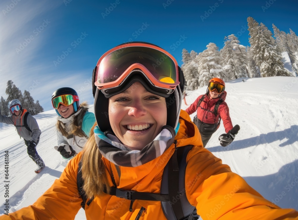 A woman wearing an orange jacket is selfieing on a snowy slope