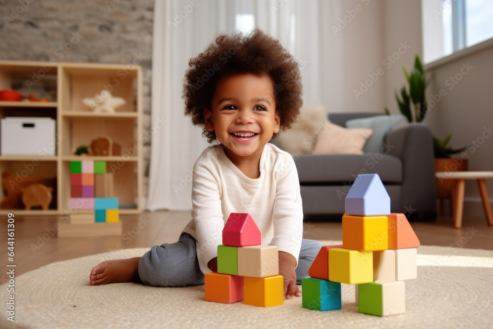 Cute kid in the living room building with blocks in the room