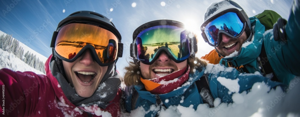 A group of skiers wearing ski goggles and gloves