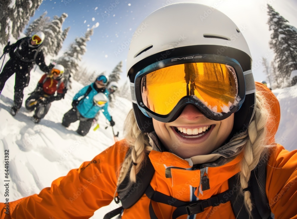 A woman wearing an orange jacket is selfieing on a snowy slope