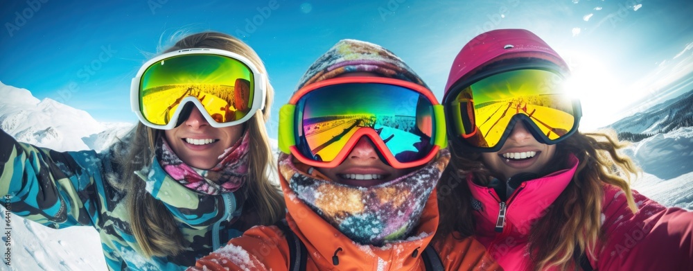 A group of skiers wearing ski goggles and gloves