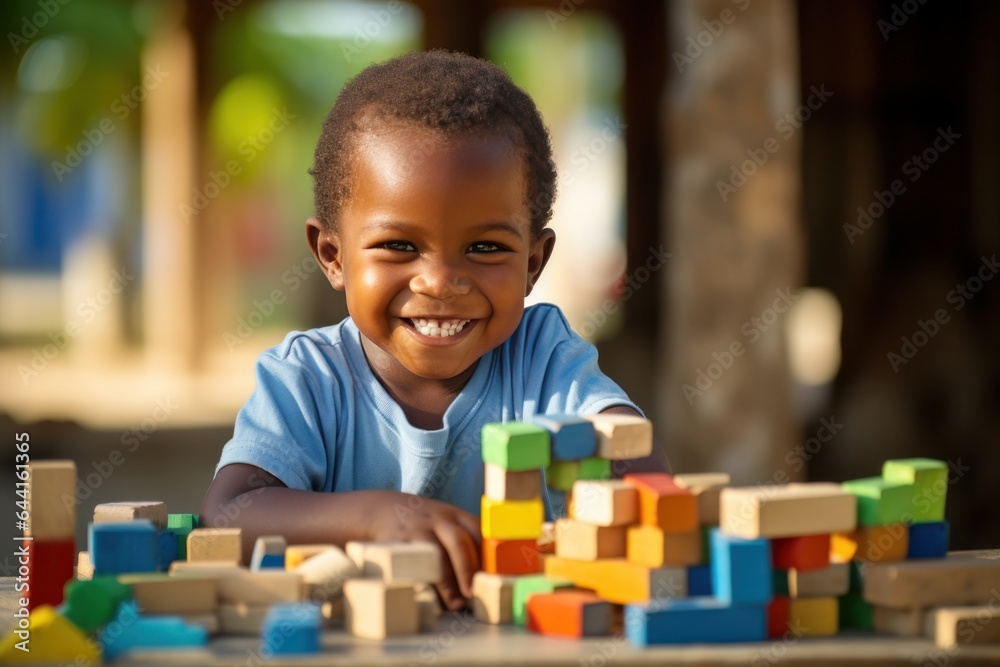 Young african child plays blocks