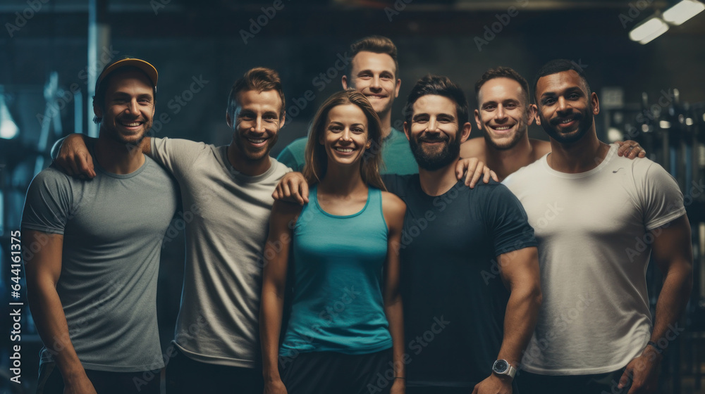 A group of happy people posing in a gym