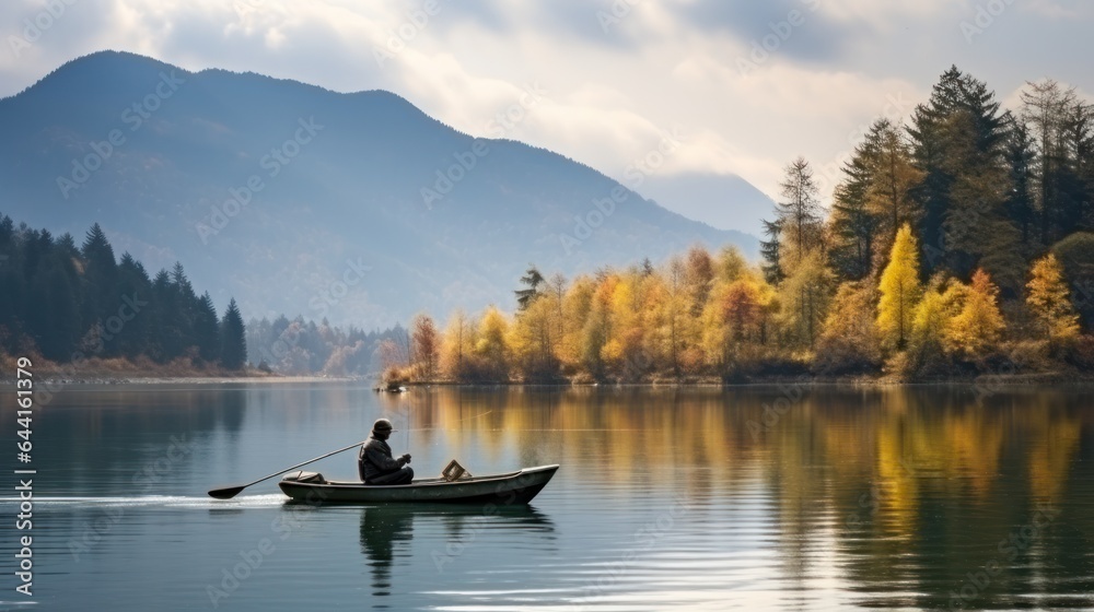 An old man is fishing while sitting in a boat in the middle of a lake