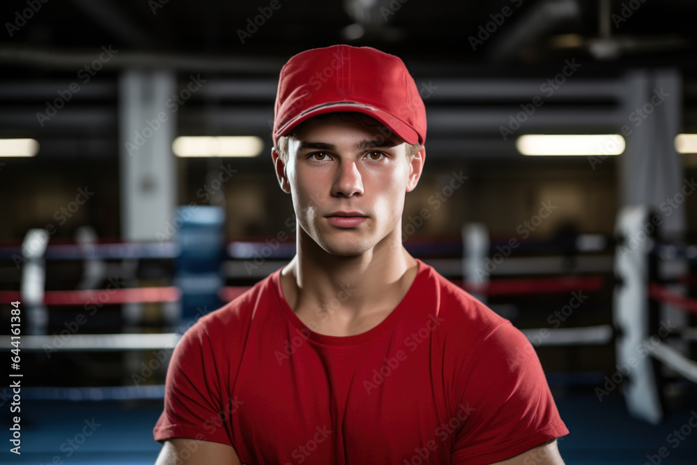 Young man in red baseball cap inside a boxing ring