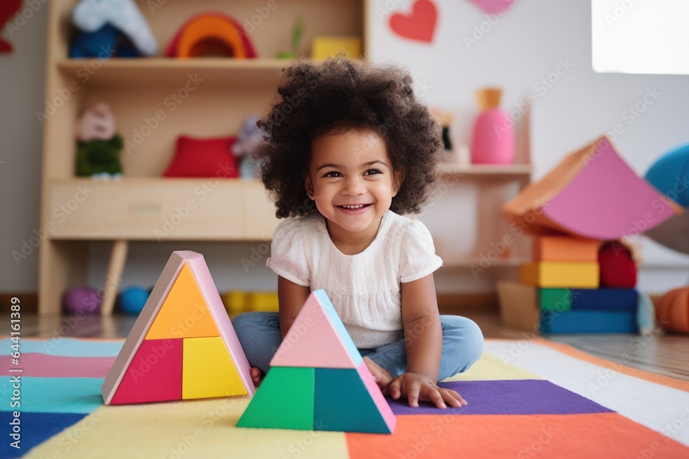 Cute kid in the living room building with blocks in the room