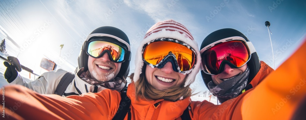 A group of skiers wearing ski goggles and gloves