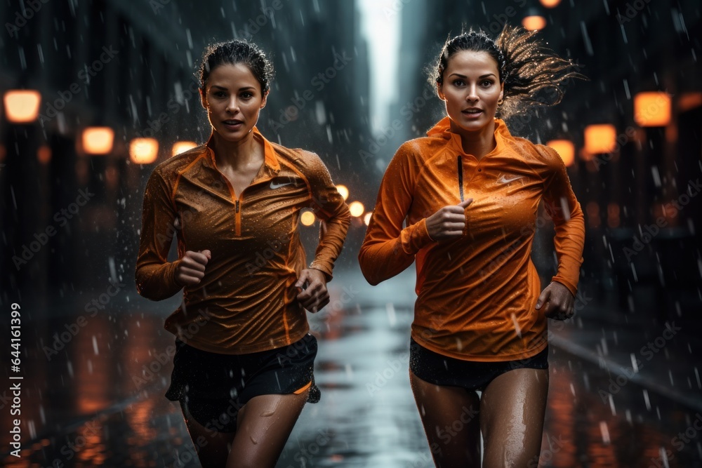 Female athletes taking a quick jog in the rain