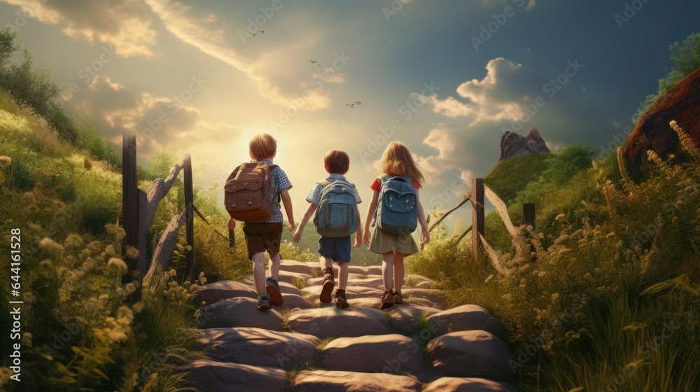 Children walking on a path carrying backpacks