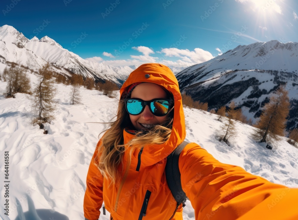 A woman wearing an orange jacket is selfieing on a snowy slope