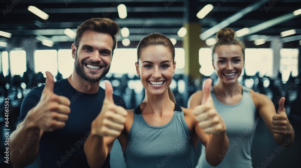 Sports club at work with some young people holding thumbs up