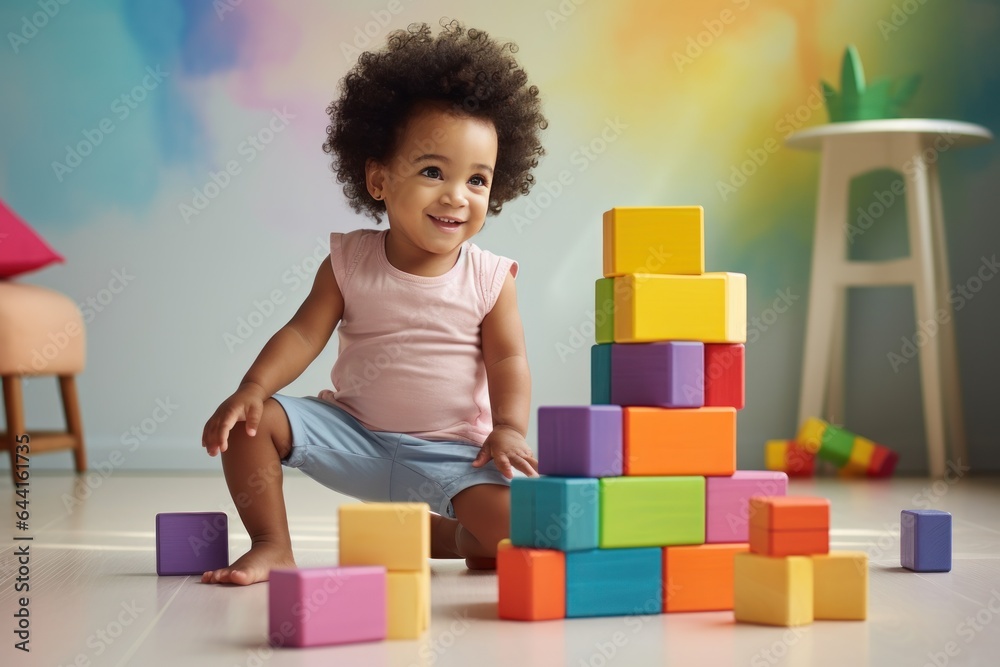 Cute kid in the living room building with blocks in the room