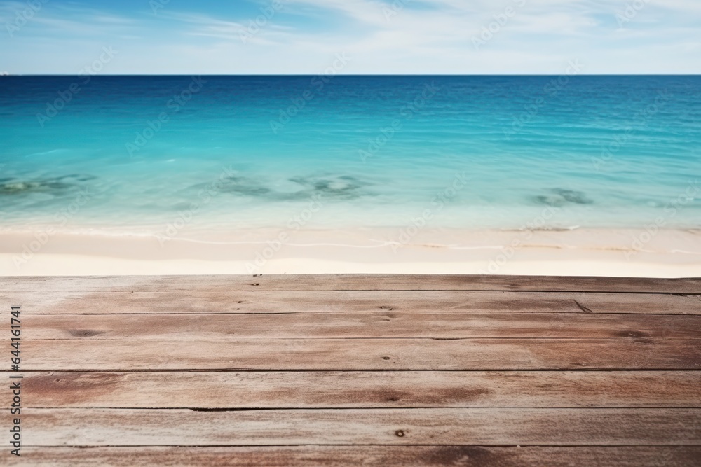 Beautiful scenery of the sea with wooden table on the beach