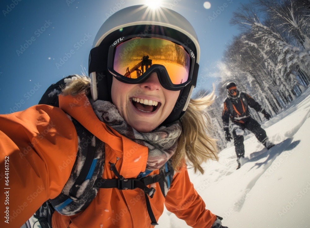 A woman wearing an orange jacket is selfieing on a snowy slope