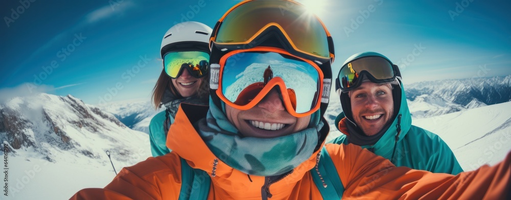 A group of skiers wearing ski goggles and gloves