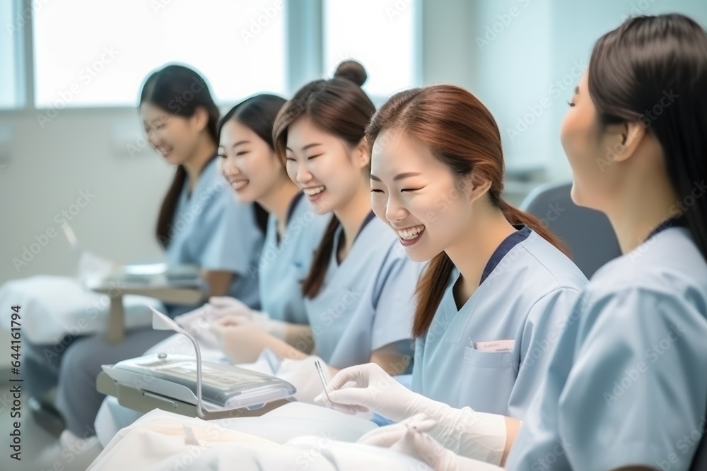 Women nursing assistant are completing an exam in an exam room