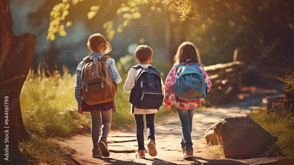 Children walking on a path carrying backpacks