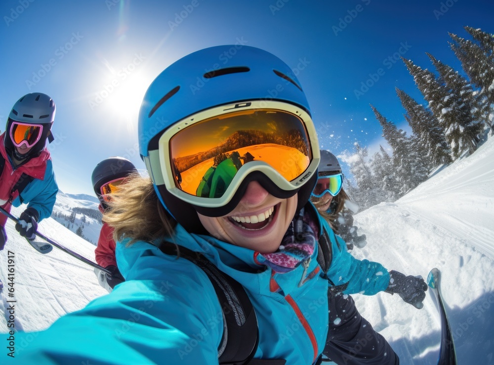 A woman wearing an orange jacket is selfieing on a snowy slope