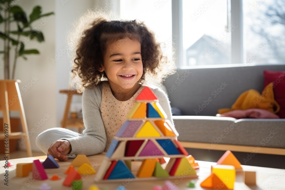 Cute kid in the living room building with blocks in the room