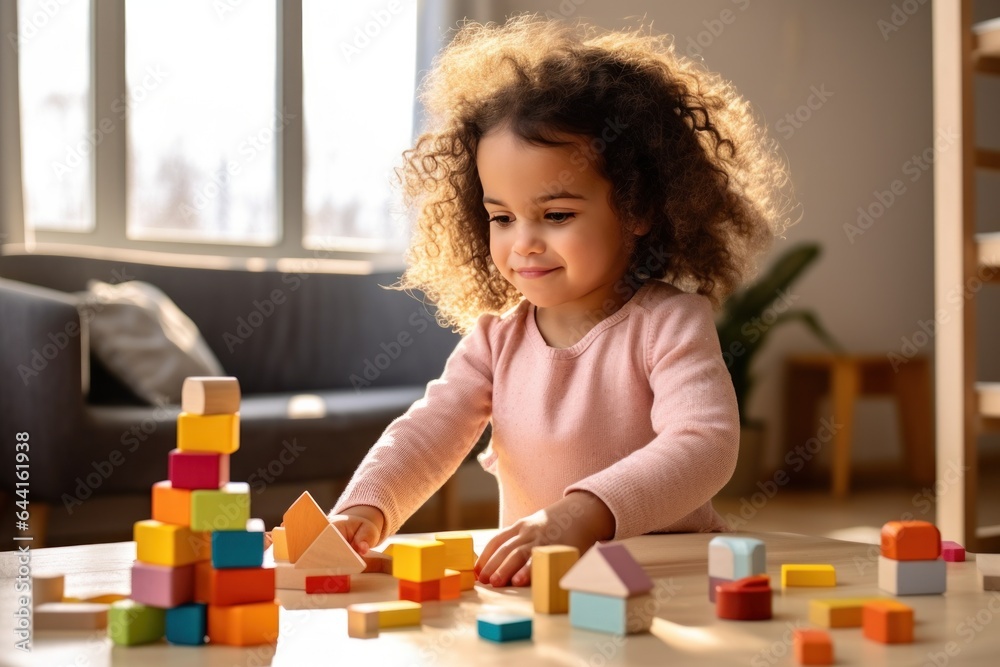 Cute kid in the living room building with blocks in the room