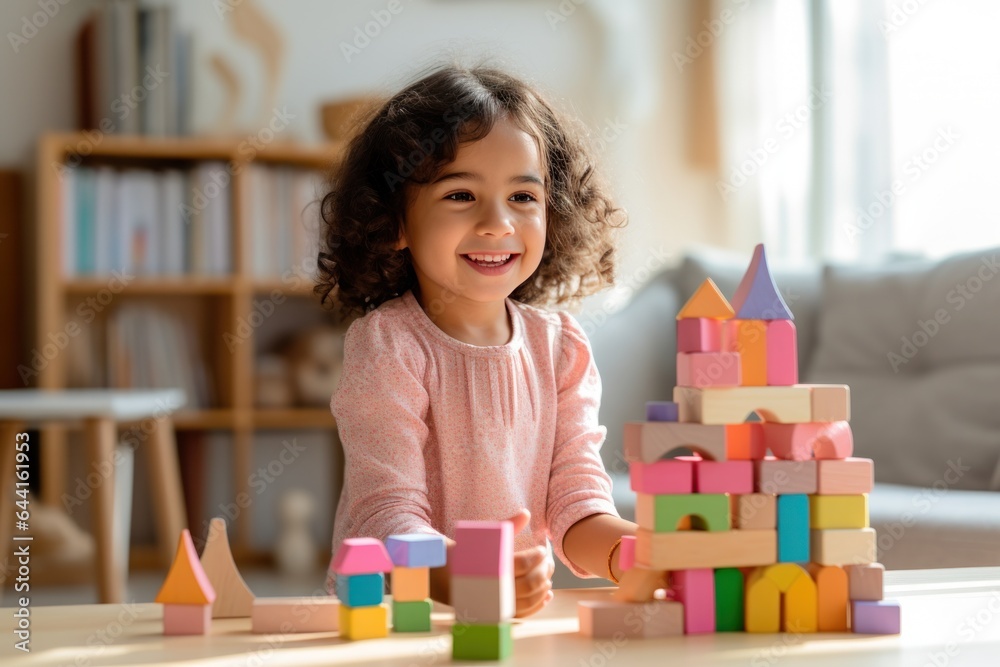 Cute kid in the living room building with blocks in the room