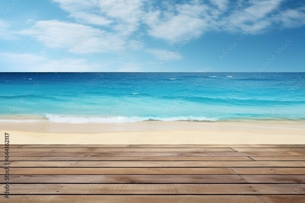 Beautiful scenery of the sea with wooden table on the beach