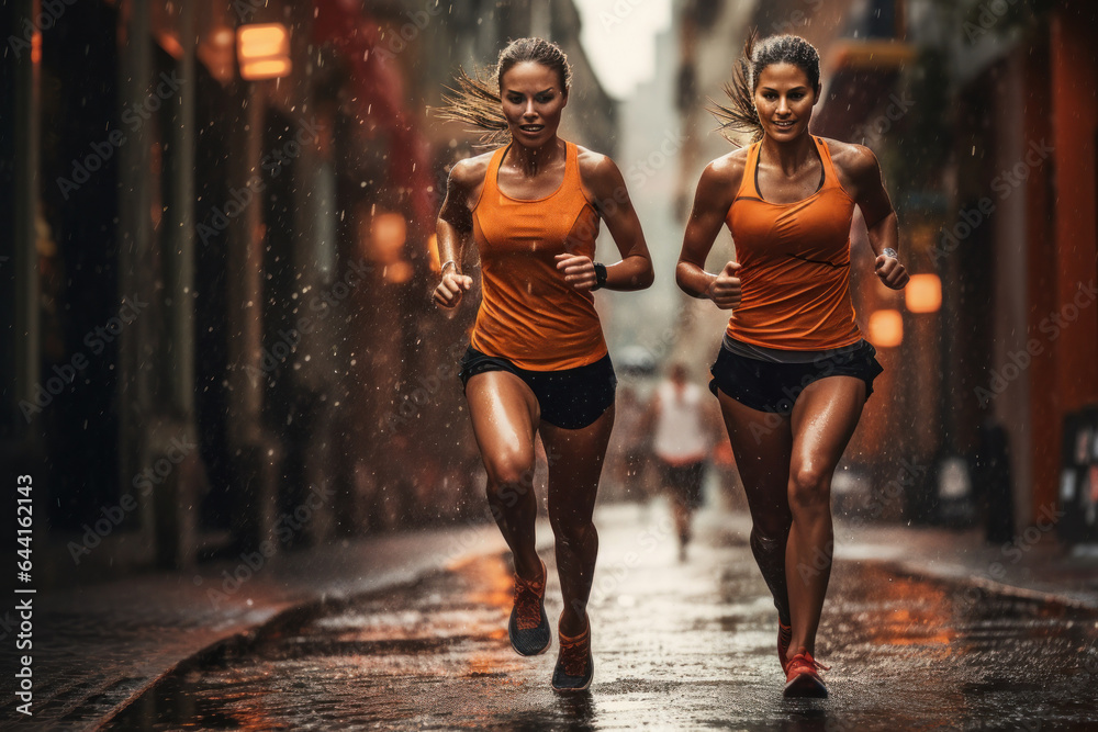 Female athletes taking a quick jog in the rain