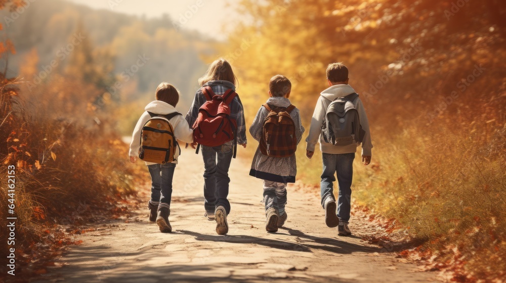 Children walking on a path carrying backpacks