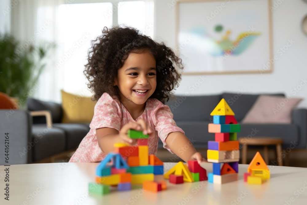 Cute kid in the living room building with blocks in the room