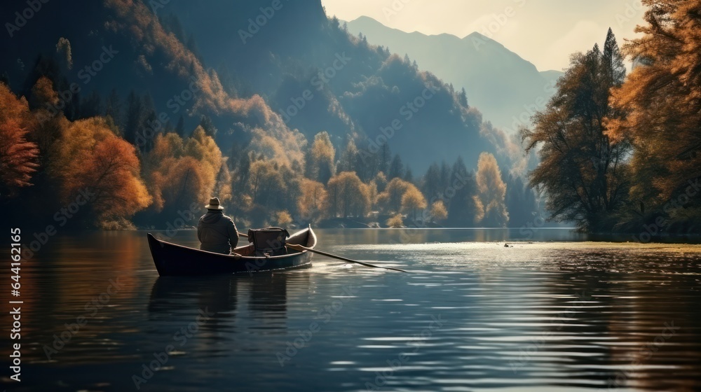 An old man is fishing while sitting in a boat in the middle of a lake