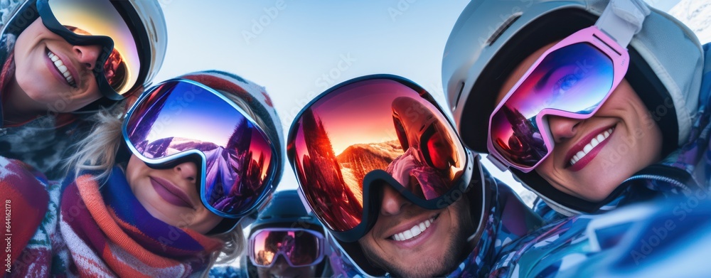 A group of skiers wearing ski goggles and gloves