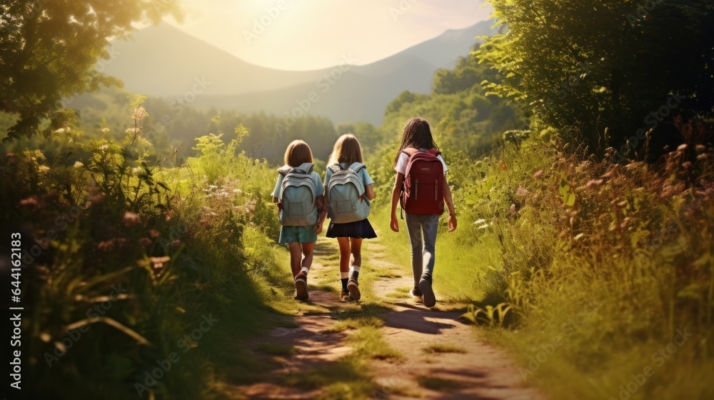 Children walking on a path carrying backpacks