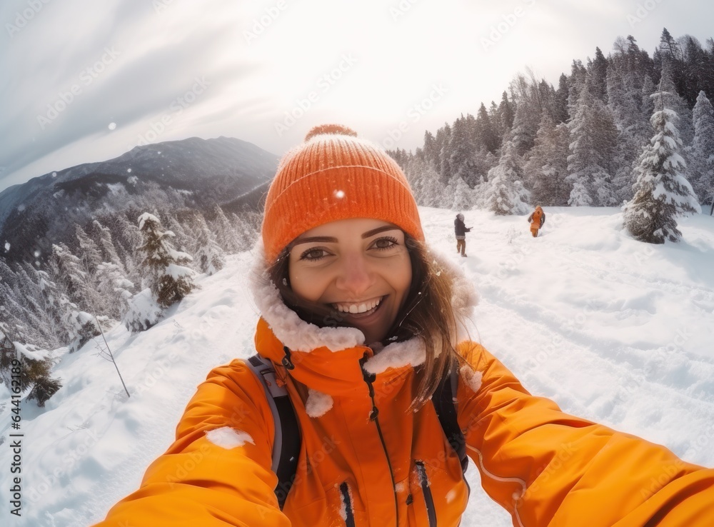 A woman wearing an orange jacket is selfieing on a snowy slope