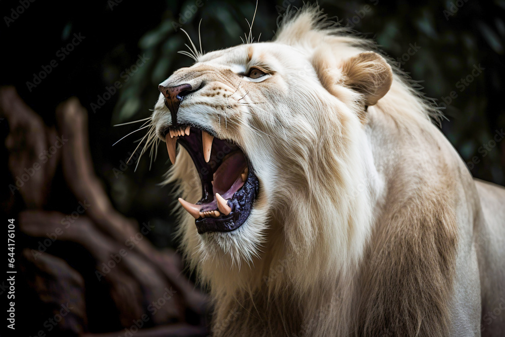 White lion roar. Сlose up portrait of a lion