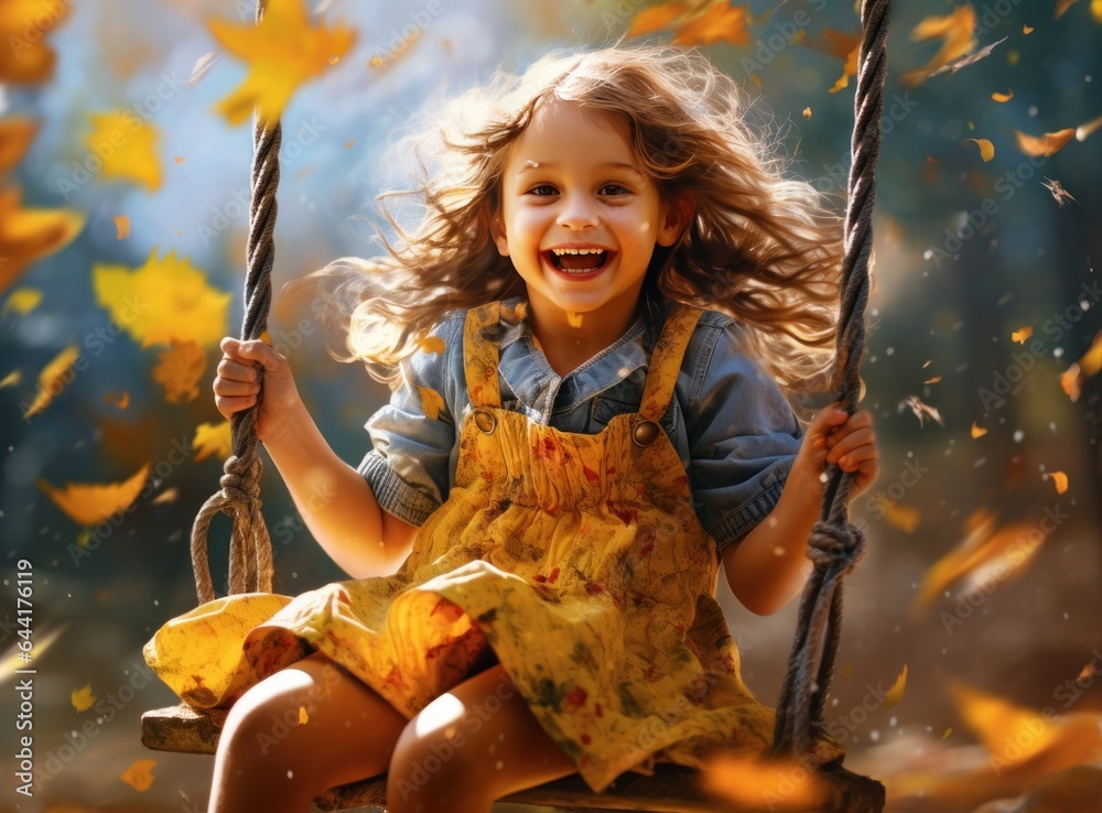 Little girl in autumn swinging in the park with some red and yellow leaves