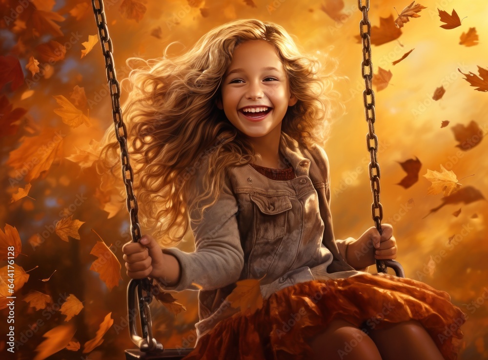 Little girl in autumn swinging in the park with some red and yellow leaves