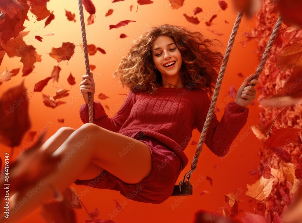 Little girl in autumn swinging in the park with some red and yellow leaves