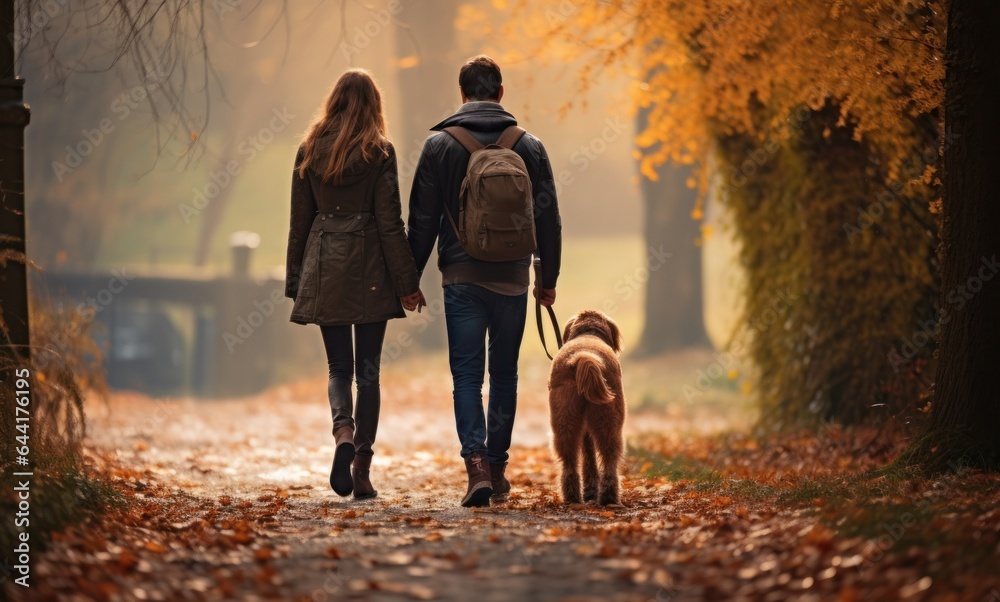 couple walking their dog in autumn park