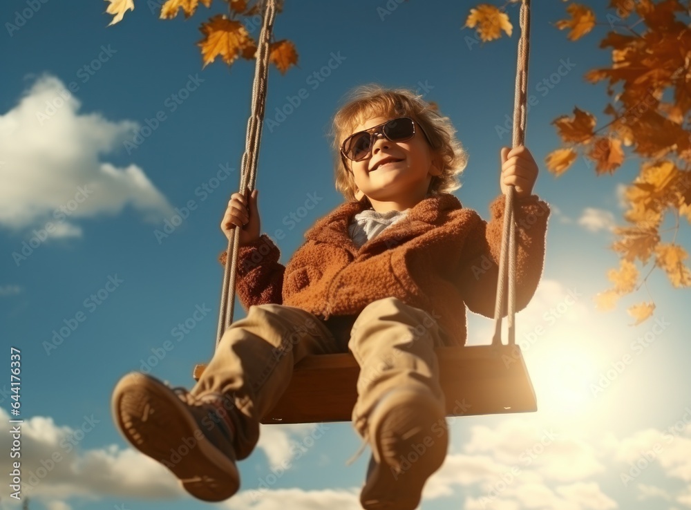 Little girl in autumn swinging in the park with some red and yellow leaves