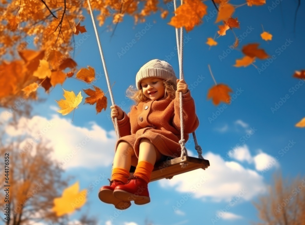 Little girl in autumn swinging in the park with some red and yellow leaves